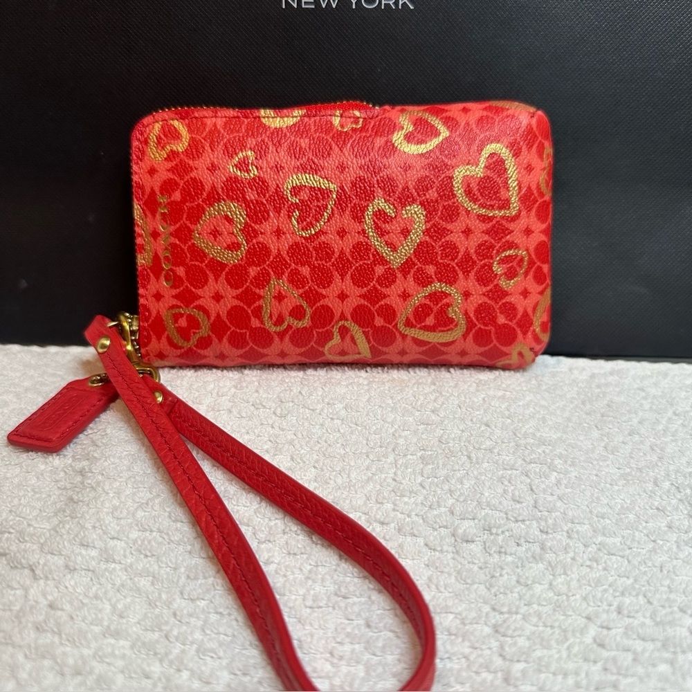 Coach Red Wristlet with Gold Heart Design
